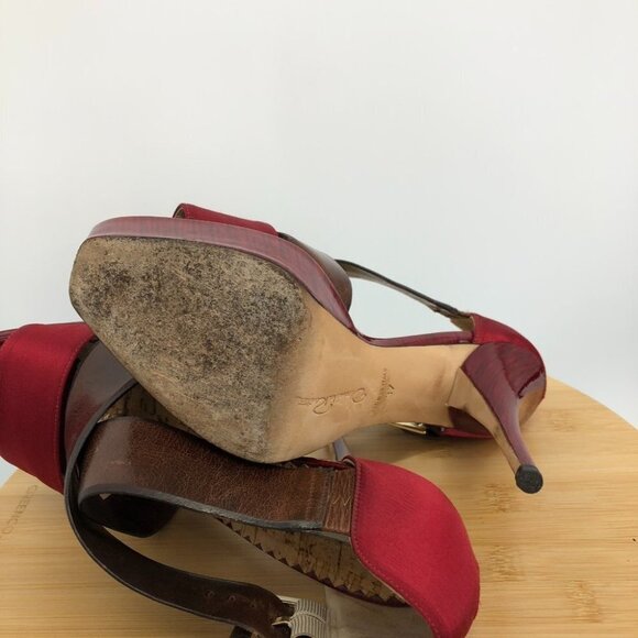 Oscar De La Renta Red Satin  Brown patent leather buckle Platform Stilettos 37 - Picture 9 of 14